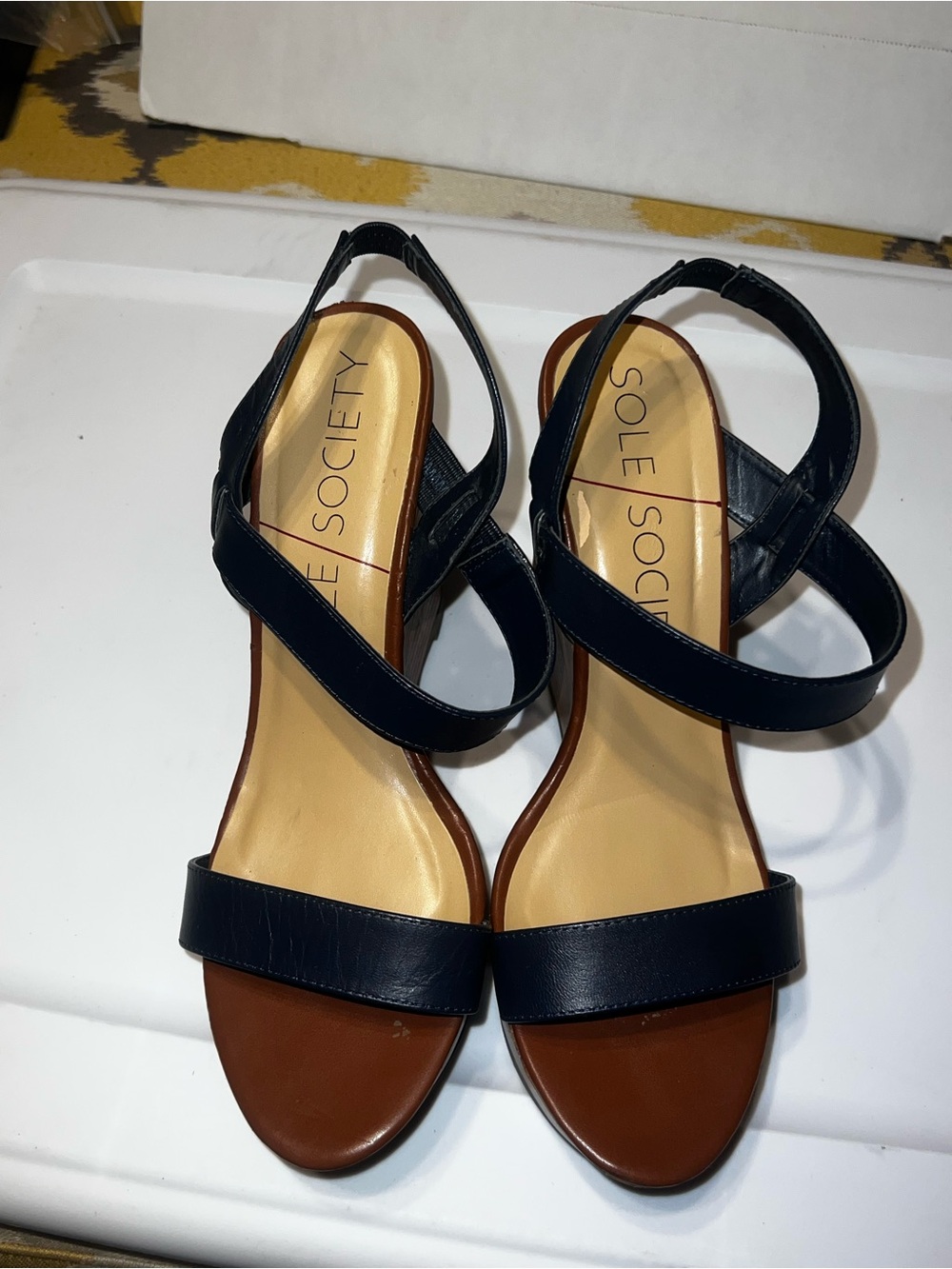 Sole Society Navy Leather Strappy Sandal with Brown Footbed